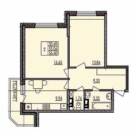 2 комнатная 56.4м²