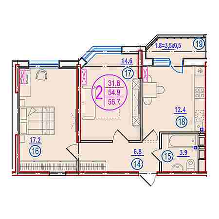 2 комнатная 56.7м²