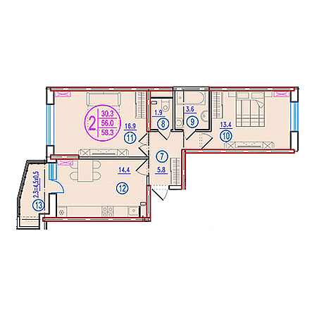 2 комнатная 58.3м²