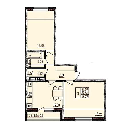 2 комнатная 59.29м²