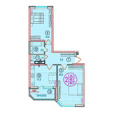 2 комнатная 62.7м²