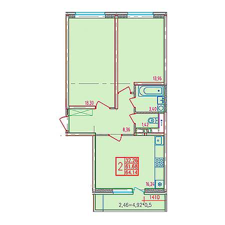 2 комнатная 64.14м²