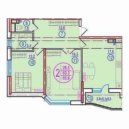 2 комнатная 65.9м²