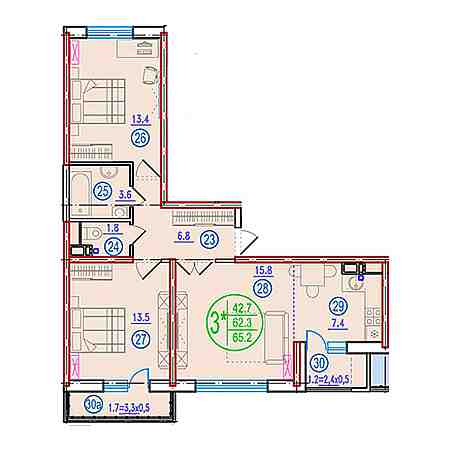 3 комнатная 65.2м²