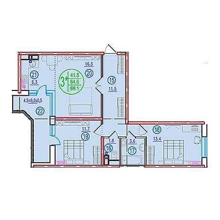 3 комнатная 69.1м²