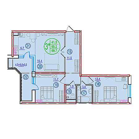 3 комнатная 69.7м²