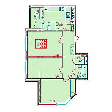 3 комнатная 70.43м²