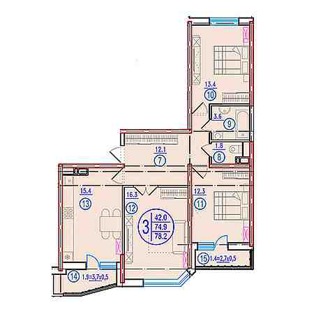 3 комнатная 78.2м²