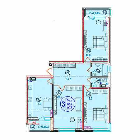 3 комнатная 90.8м²