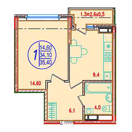 1 комнатная 35.4м²