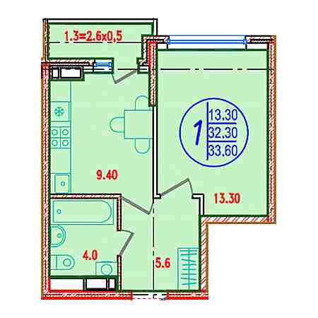 1 комнатная 36.6м²