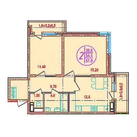 2 комнатная 57.9м²