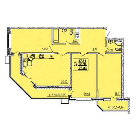 3 комнатная 95.33м²