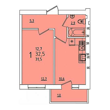 1 комнатная 32.5м²