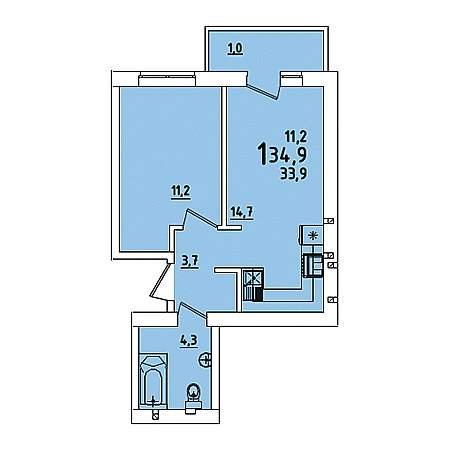 1 комнатная 34.9м²