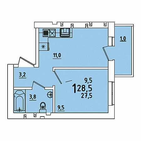 1 комнатная 28.5м²