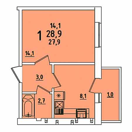 1 комнатная 28.9м²