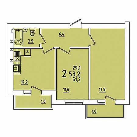 2 комнатная 53.2м²