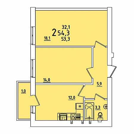 2 комнатная 54.3м²