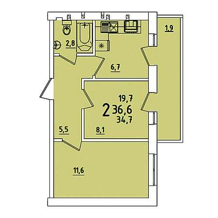 2 комнатная 36.6м²