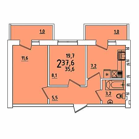 2 комнатная 37.6м²