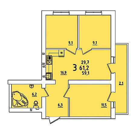 3 комнатная 61.2м²