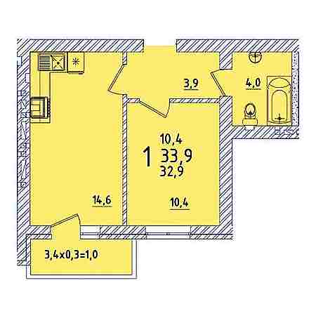 1 комнатная 33.9м²