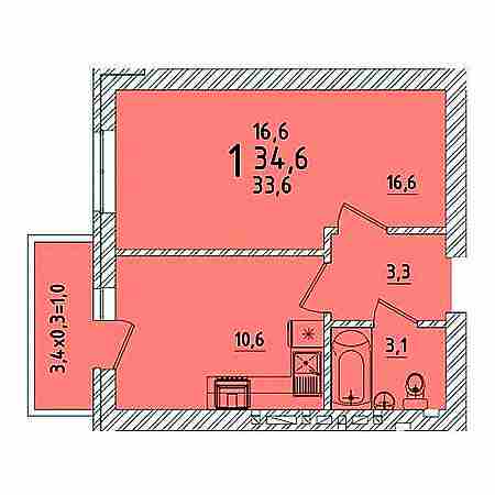 1 комнатная 34.6м²