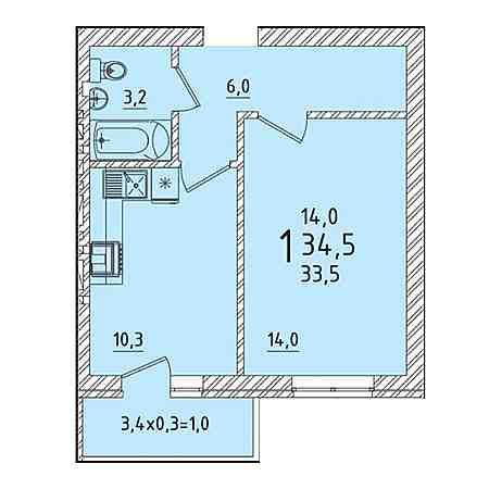 1 комнатная 34м²