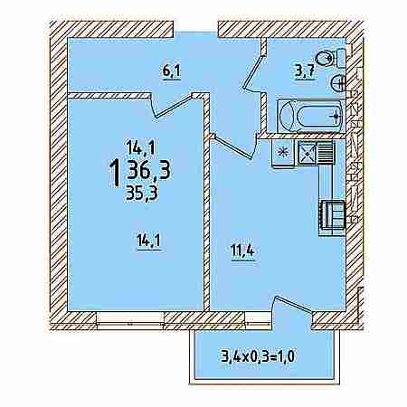 1 комнатная 36.3м²