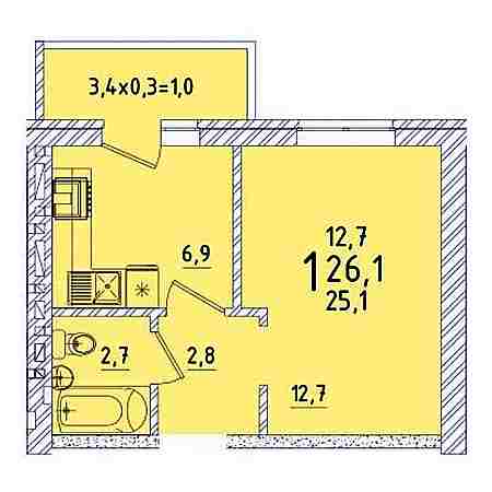 1 комнатная 26.1м²