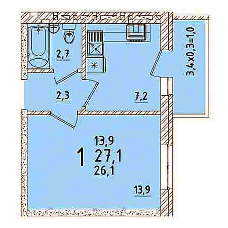 1 комнатная 27.1м²