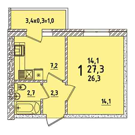 1 комнатная 27.3м²