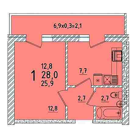 1 комнатная 28м²