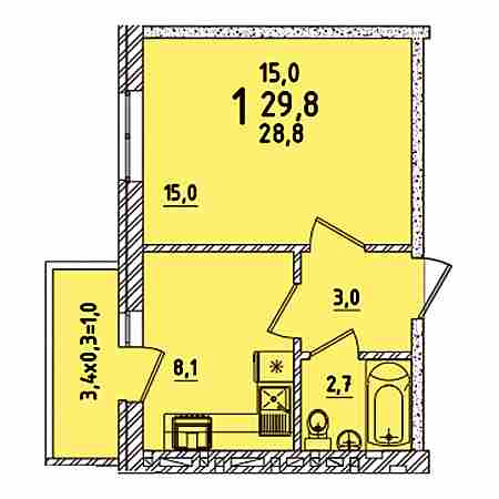 1 комнатная 29.8м²