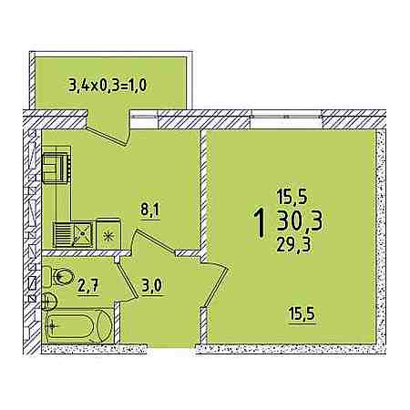 1 комнатная 30.3м²