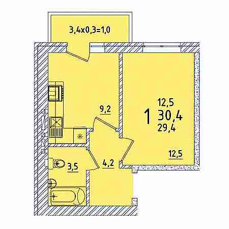 1 комнатная 30.4м²