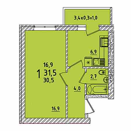 1 комнатная 31.5м²