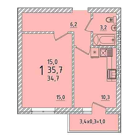 1 комнатная 31.7м²