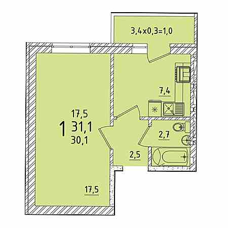 1 комнатная 31м²