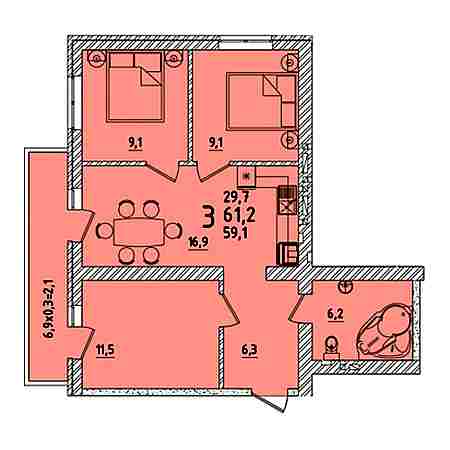 3 комнатная 61.2м²