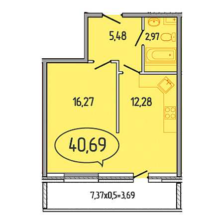 1 комнатная 40.69м²