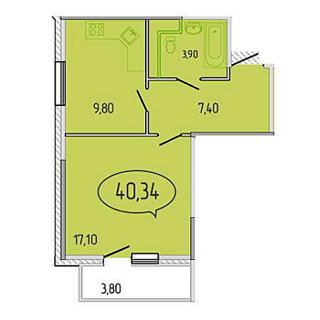 1 комнатная 40.34м²