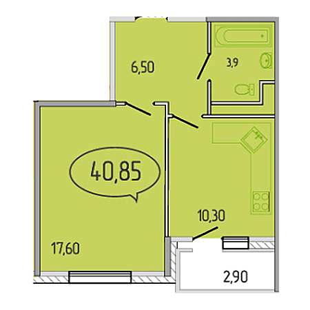 1 комнатная 40.85м²