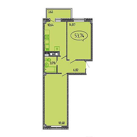 2 комнатная 53.74м²