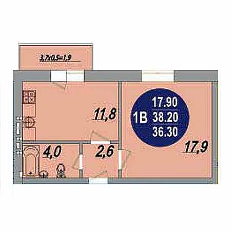 1 комнатная 38.2м²