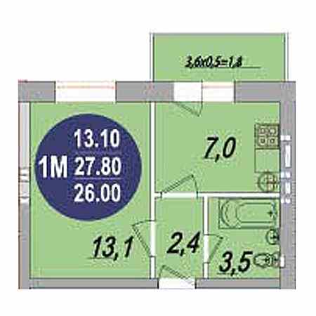 1 комнатная 27.8м²