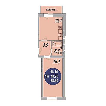 1 комнатная 40.7м²