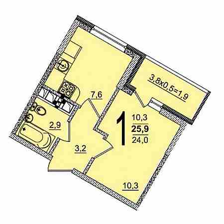 1 комнатная 25.9м²