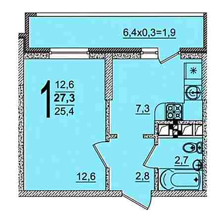 1 комнатная 27.3м²